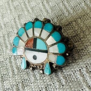 Signed Zuni Headdress Brooch Pin / Necklace Pendant 925 Silver Turquoise…